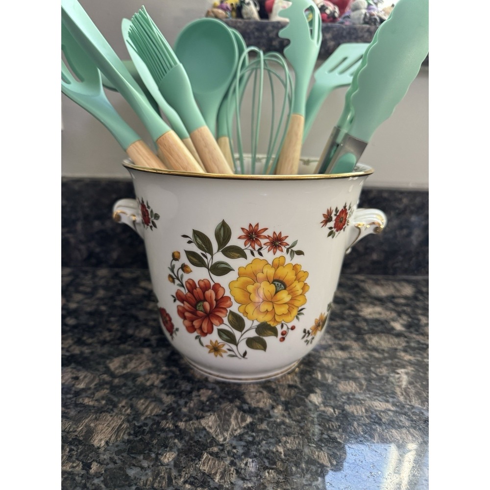 Kuba Porzellan Large Gold Leaf Floral Utensils Jar, Holder, Flower‎ Pot, Vase